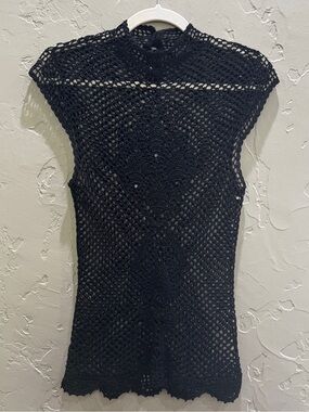 Black Crochet Open Knit Mock Neck Top The Limited Handknit Size M Boho Y2K Fest